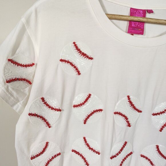 Queen of Sparkles Home Run Baseball Sequin Tee White Top Women’s Size L - Picture 3 of 9
